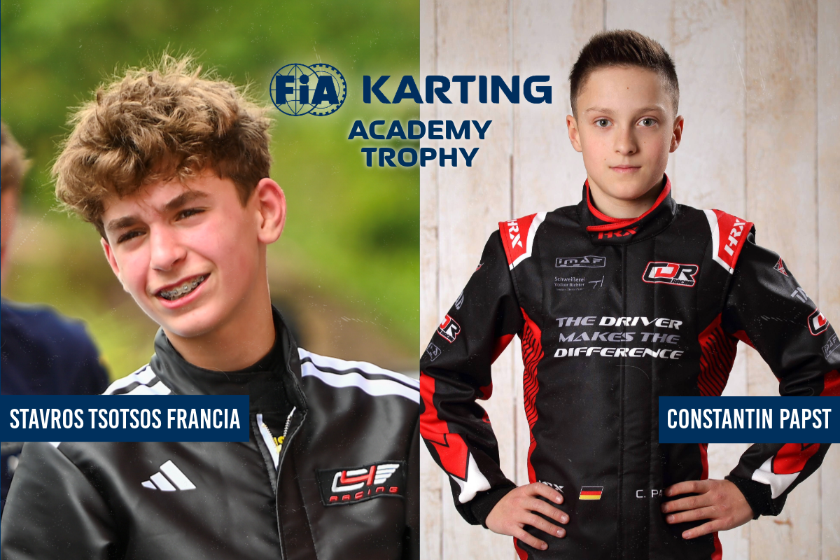 DMSB-Nominierung für die FIA Karting Academy Trophy 2026: Links Stavros Tsotsos Francia (13, Junior-Klasse), rechts Constantin Papst (14, Senior-Klasse). Im Zentrum dunkelblaues FIA-Karting-Academy-Trophy-Logo.